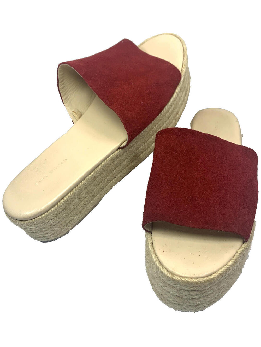 Zara Red Suede Platform Slip on Sandals Braided Raffia Sides Size 9.5/40